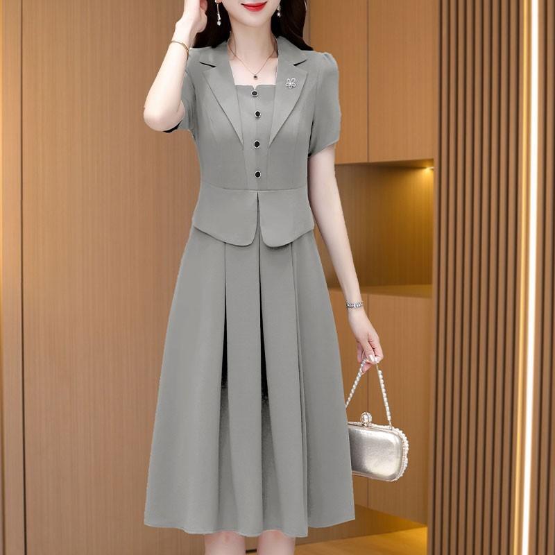 ワンピース レディース Aライン 半袖 ポリエステル 切り替え 無地 ミドル丈 膝丈 普段使い お呼ばれ お..