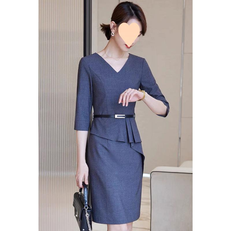 ワンピース レディース 春秋 Vネック 7分袖 包臀スカート ひざ丈 ポリエステル エレガント フォーマル オフィス きれいめ グレー
