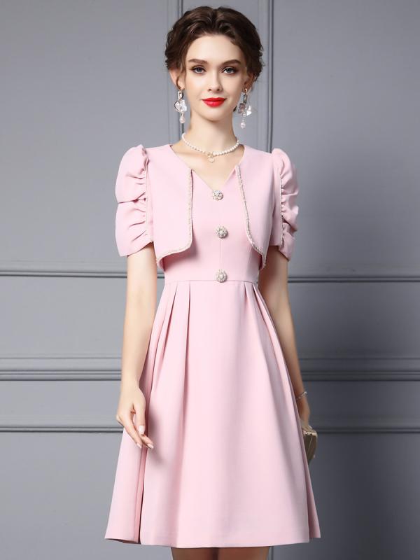 ワンピース レディース 春夏 半袖 フォーマル Vネック Aライン 高見え 切り替え パフスリーブ ウエストシェイプ ポリエステル ピンク系