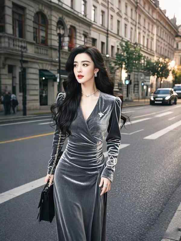 ワンピース レディース フォーマル 秋冬 長袖 ベルベット Vネック エレガント ミモレ丈 グレー ポリエステル 通勤