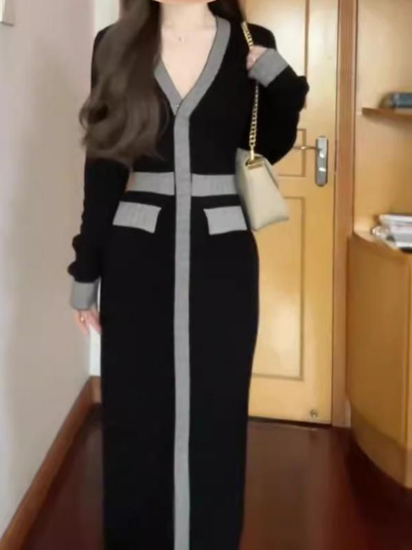 ニットワンピース レディース 高見え Vネック 長袖 包臀 秋冬 高腰 細見え 着痩せ 膝丈 エレガント 上品 きれいめ お呼ばれ フォーマル オフィス ブラック 伸縮性