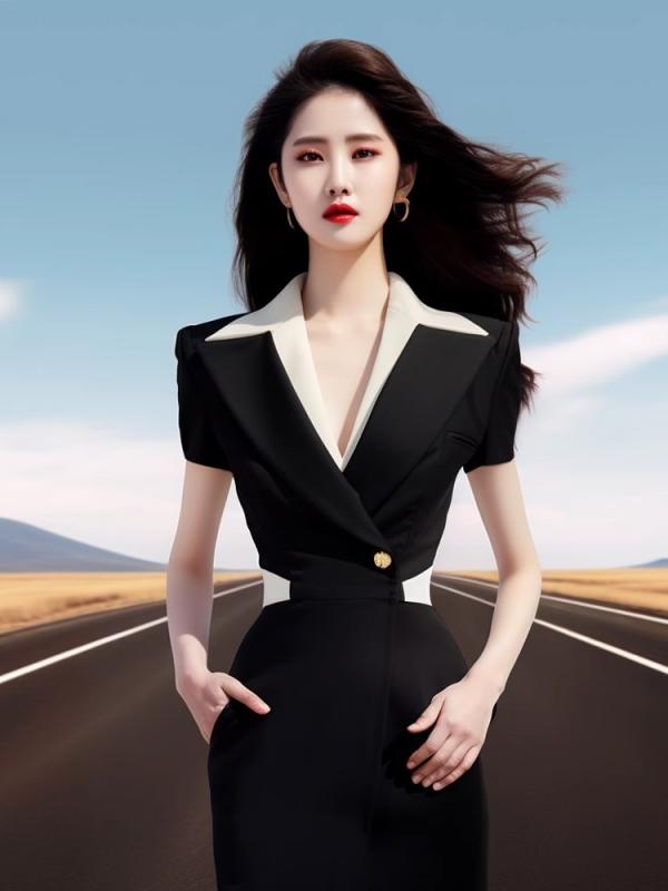 ワンピース レディース 高腰 A字スカート 配色 POLOネック 半袖 エレガント 通勤 ポリエステル繊維 膝下丈 ミモレ丈