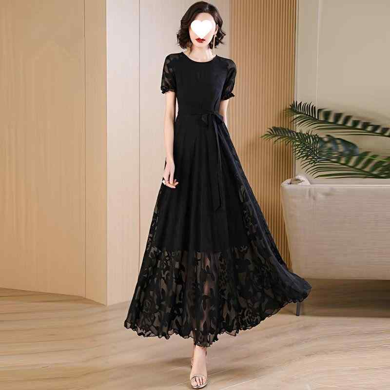 ワンピース レディース 黒色 ポリエステル ロング マキシ丈 フォーマル パーティー 大柄 花柄 Aライン ..