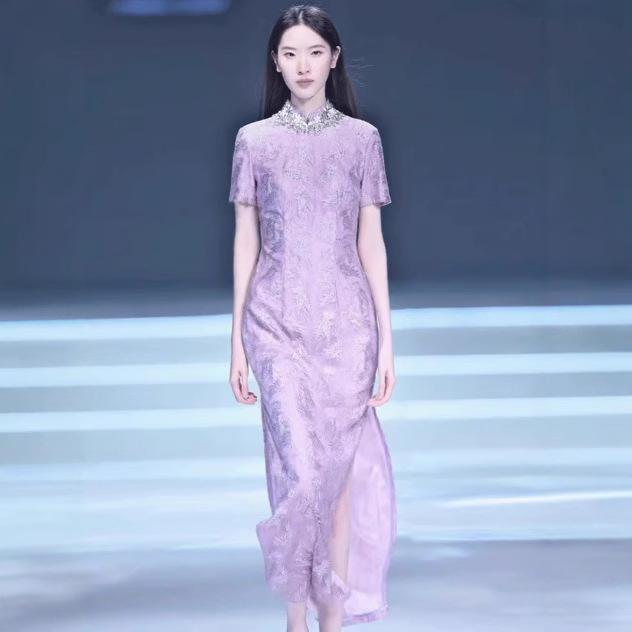 ワンピース レディース チャイナドレス パープル 花柄 Aライン 高腰 半袖 ひざ下 ポリエステル 春 通勤..