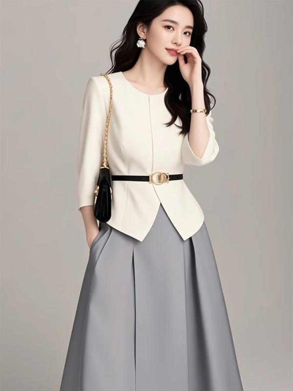 ワンピース レディース フォーマル 白 スーツ セットアップ エレガント 長袖 ロング丈 清楚系 きれいめ ポケット付き 上品 発表会 パーティー