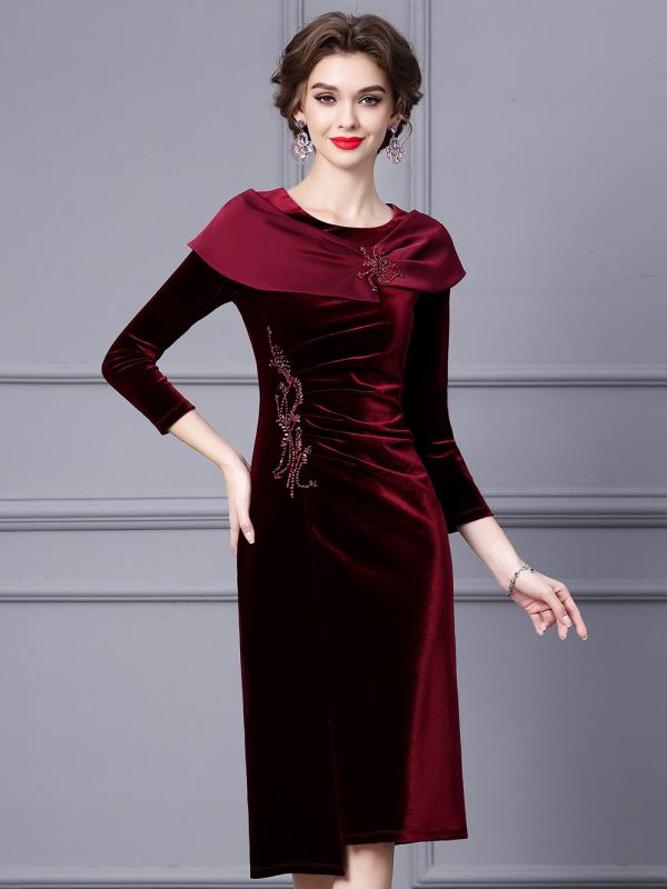 ワンピース レディース フォーマル 高見え ワインレッド サテン ショール ベルベット 包み込む ヒップ..