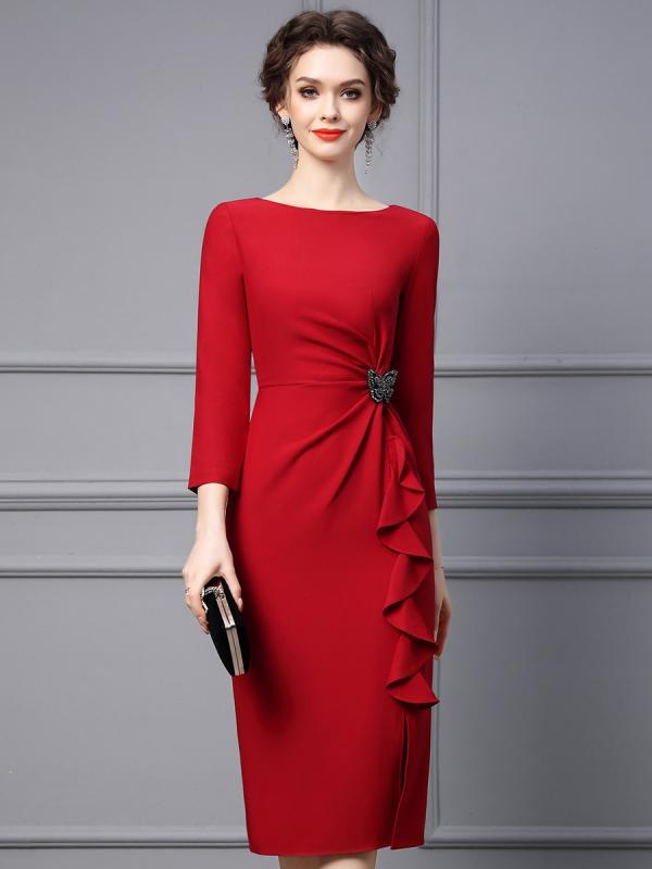 ワンピース レディース 秋 高腰 無地 膝丈 ミディ丈 長袖 エレガント 上品 通勤 オフィス 結婚式 二次..