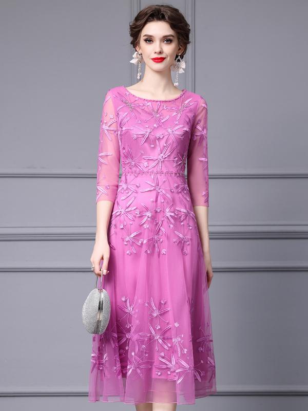 ワンピース レディース フォーマル チュール 刺繡 Aライン 大判 ミディ丈 エレガント 高見え パープル ..