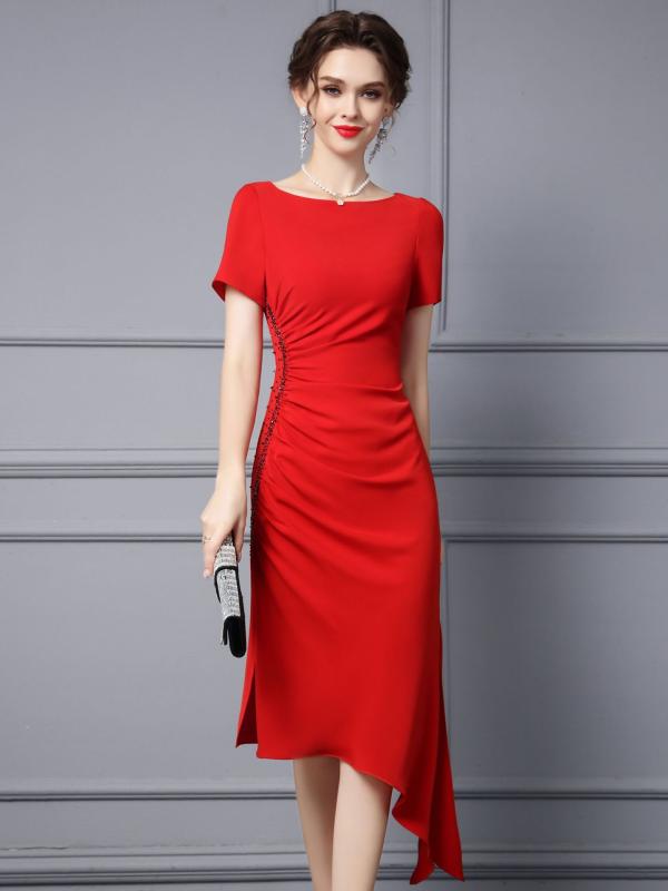 ワンピース レディース フォーマル レッド 赤 高腰 半袖 膝下丈 ミディ丈 エレガント 上品 きれいめ パーティー お呼ばれ 結婚式 二次会