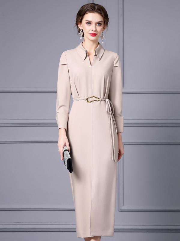 ワンピース レディース 包臀 タイト ロング ポリエステル 高腰 長袖 膝下 エレガント フォーマル オフィス 通勤 無地 ブラック 黒 ベージュ