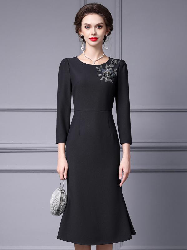 ワンピース レディース 高見え ブラック フォーマル ラウンドネック 長袖 魚尾 ミモレ丈 フレア Aライン エレガント 上品 パーティー 結婚式 二次会 発表...