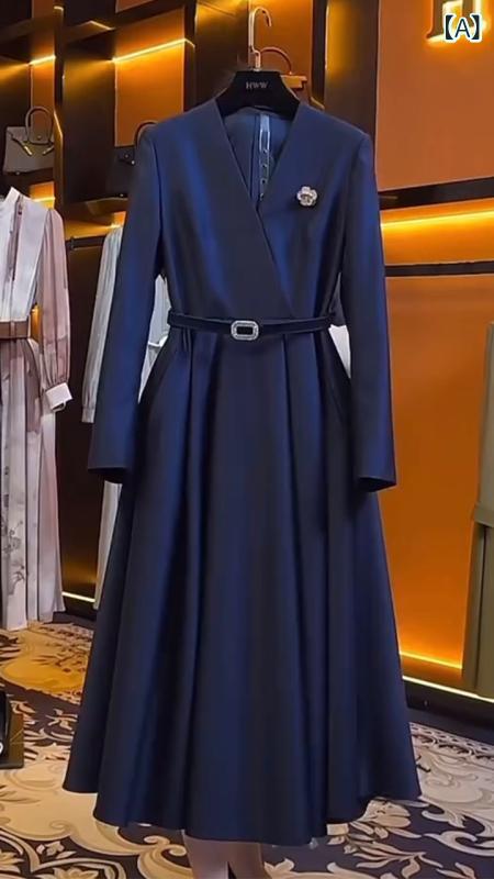 ワンピース レディース ブルー 高見え Aライン POLO襟 長袖 エレガント フォーマル パーティー 結婚式 ..