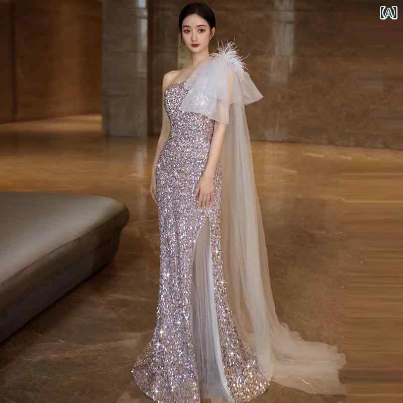 ドレス レディース 高級感 シングルショルダー イブニングドレス ロング Aライン ポリエステル フォー..