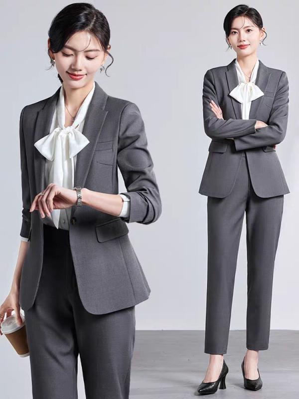 スーツ レディース フォーマル 秋冬 グレー系 紺色系 黒色系 ビジネス オフィス ホテル работник 面接 ポリエステル 長袖 パンツ ジャケット セッ...