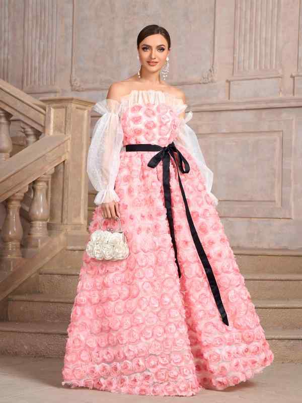 パーティードレス レディース ピンク系 立体花柄 チュール 切り替え イブニングドレス フォーマル エレ..