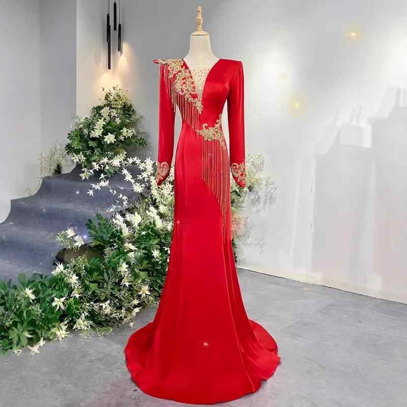 ドレス レディース 赤色 A字スカート イブニングドレス ポリエステル 高腰 長袖 ロング丈 舞台衣装 コンサート 結婚式 パーティー