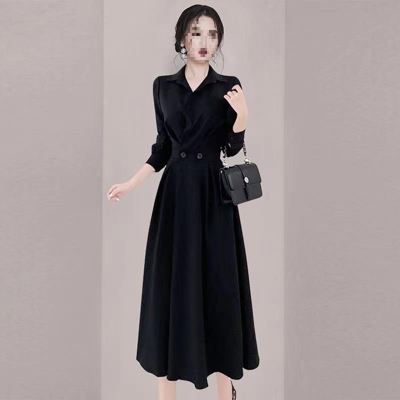 ワンピース レディース Aライン POLO襟 長袖 ひざ丈 ポリエステル 伸縮性 ウエストゴム 切り替え 無地 ..