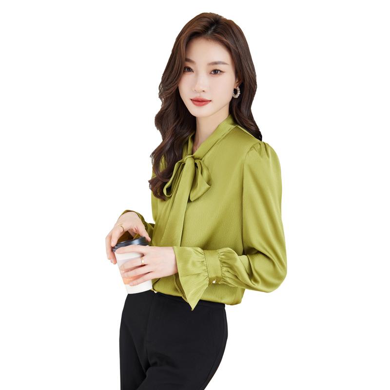 シャツ レディース 長袖 ポリエステル スキッパー オリーブグリーン 白 無地 通勤 オフィス ビジネス ..