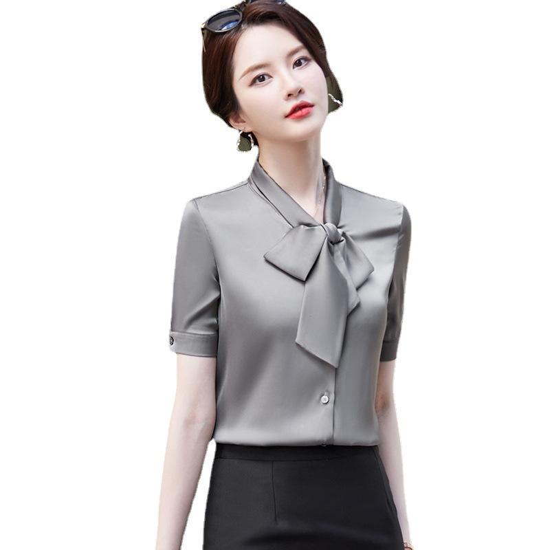 シャツ レディース 半袖 スキッパー 襟 ブラウス オフィス カジュアル 接触冷感 ポリエステル 無地 白 ..