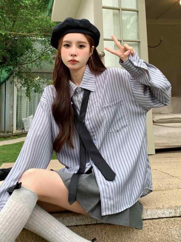シャツ レディース 春夏 ストライプ柄 トップス ブラウス 長袖 学院風 ゆったり カジュアル ドロップシ..