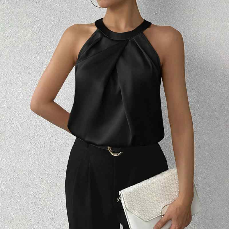 シャツ レディース サテン トップス ノースリーブ 通勤 エレガント オフィス ラウンドネック きれいめ ..