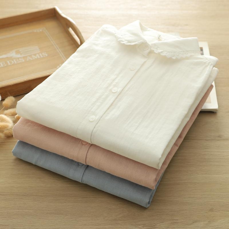 シャツ レディース 春物 コットン レース 襟 長袖 ブラウス オフィス カジュアル ゆったり 白色 青色 ..