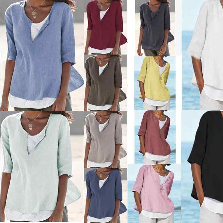 シャツ レディース Vネック 7分袖 コットンリネン混紡 ゆったりサイズ 白 黒 ピンク系 黄色 ワインレッ..