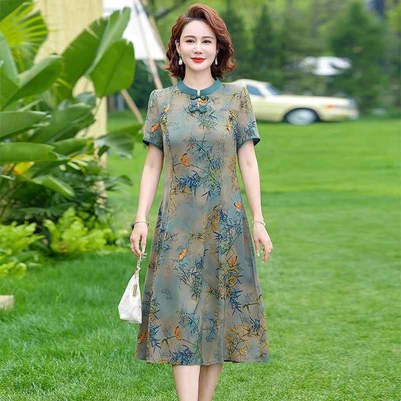 ワンピース レディース ミセス 膝丈 チャイナドレス 半袖 ゆったりサイズ ラウンドネック 切り替え ポリエステル レッド グリーン XL XXL XXXL 4XL 5XL 普段使い 中国風 レトロ