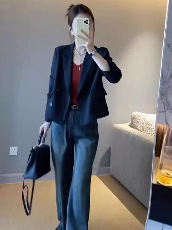 ジャケット レディース 韓国風 ショート丈 カジュアル ブラック オフホワイト ポリエステル 長袖 3D立..