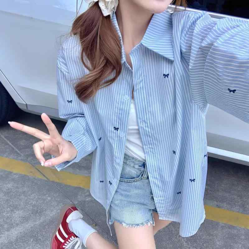 シャツ レディース ブルー ストライプ リボン かわいい 接触冷感 長袖 トップス 春夏 ポロ襟 紫外線対..