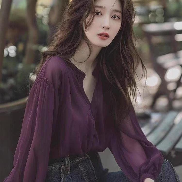 シャツ レディース 長袖 Vネック 紫色 ポリエステル 接触冷感 ゆったり ショート丈 トップス ブラウス 通勤 オフィス カジュアル きれいめ