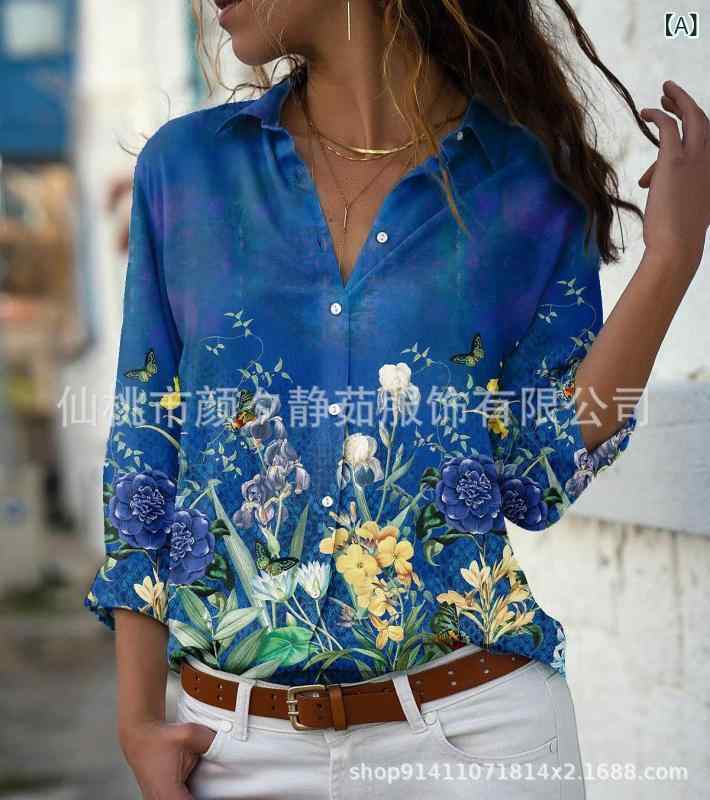 シャツ レディース 長袖 春物 ポリエステル繊維 プリント柄 襟付き 前開き 大きいサイズ 欧美風 ストリ..