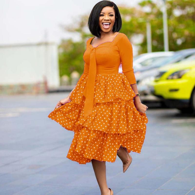 ワンピース レディース 大きいサイズ Vネック 長袖 ケーキスカート 水玉模様 ポリエステル 綿 ゆったり..