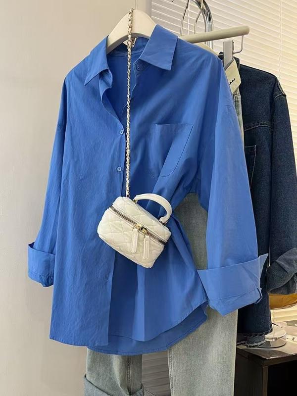 シャツ レディース 長袖 クラインブルー コットンブレンド トップス 韓国風 POLO襟 切り替え 無地 普段..