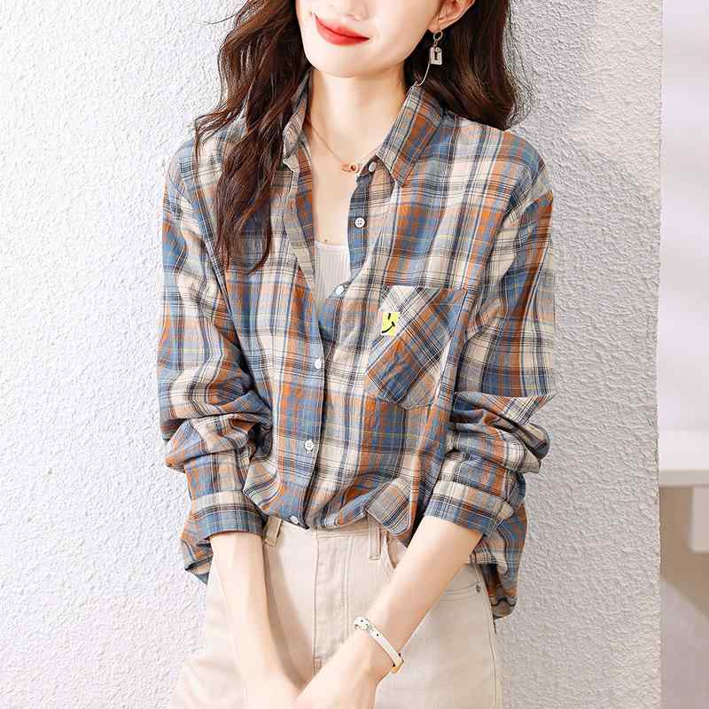 シャツ レディース 長袖 春夏 トップス チェック柄 コットン ゆったり ポロ襟 ポケット付き カジュアル..