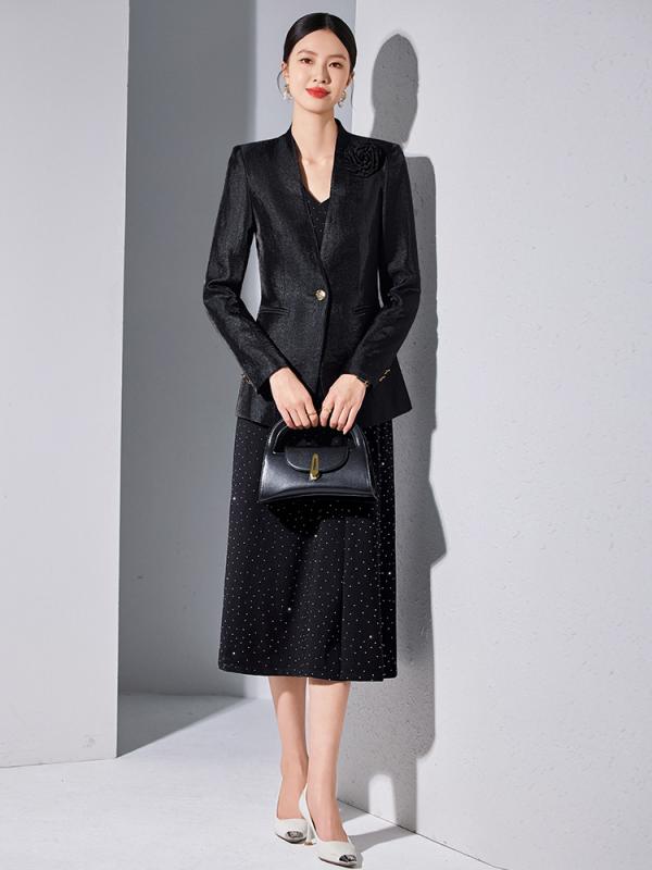 スーツ レディース 秋物 長袖 膝丈ワンピース セットアップ 通勤 OL風 ポリエステル エレガント ブラッ..