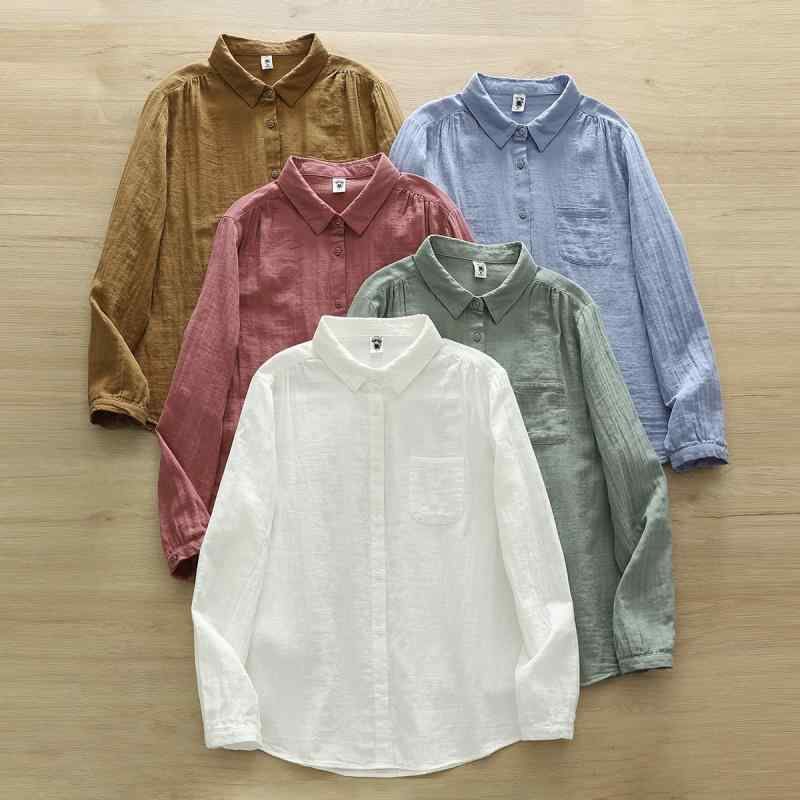 シャツ レディース 長袖 純綿 柔らかい ダブルガーゼ 襟付き 白 緑 青 ピンク系 黄色 ルーズフィット ..