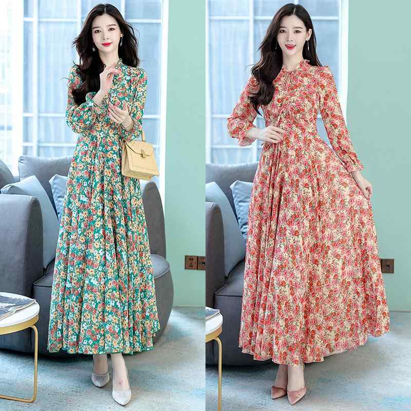 ワンピース レディース ママ 秋冬 長袖 Aライン 花柄 ロング 高腰 チュニック ゆったり 普段使い 韓国風 赤 グリーン