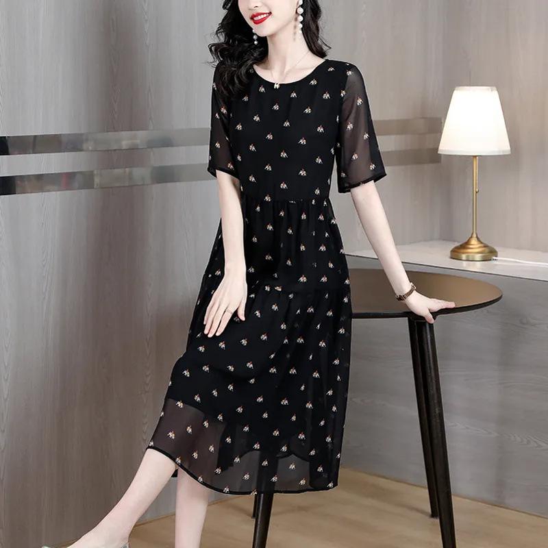 ワンピース レディース ママ Aライン 半袖 膝下丈 ポリエステル シフォン ゆったり 体型カバー 着痩せ ..