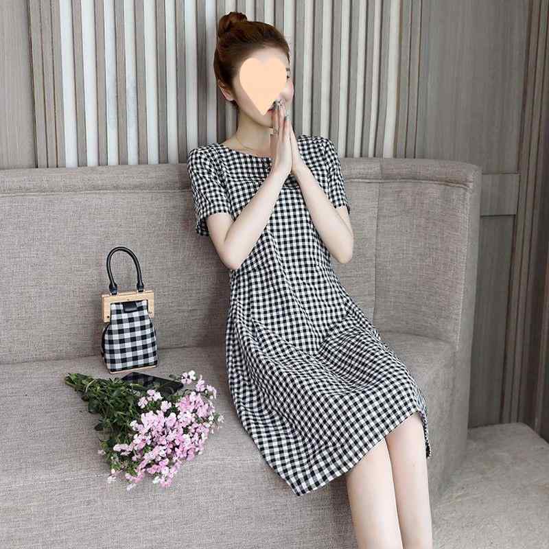 ワンピース レディース 春夏 黒白格子柄 Aライン 半袖 膝丈 ミモレ丈 ゆったり 綿麻 リネン ギャザー 体型カバー 細見え 着痩せ おしゃれ かわいい 上品 レトロ 大人 ママ