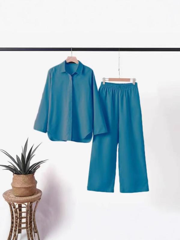 セットアップ レディース 通勤 カジュアル 綿麻 長袖 ワイドレッグパンツ 上下セット 無地 ピンク系 ブ..