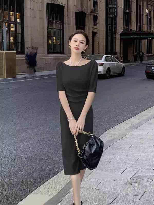 ワンピース レディース 黒 ブラック 通勤 オフィス フォーマル 半袖 包臀 高見え ミディ丈 膝丈 タイト 無地 ポリエステル 切り替え 20代 30代 40...