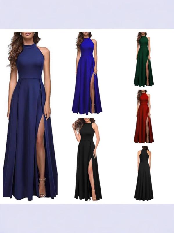 ワンピース レディース イブニングドレス ホルターネック カクテルドレス ロング マキシ丈 Aライン ポリエステル フレア 無袖 ブラック エレガント パーティードレス