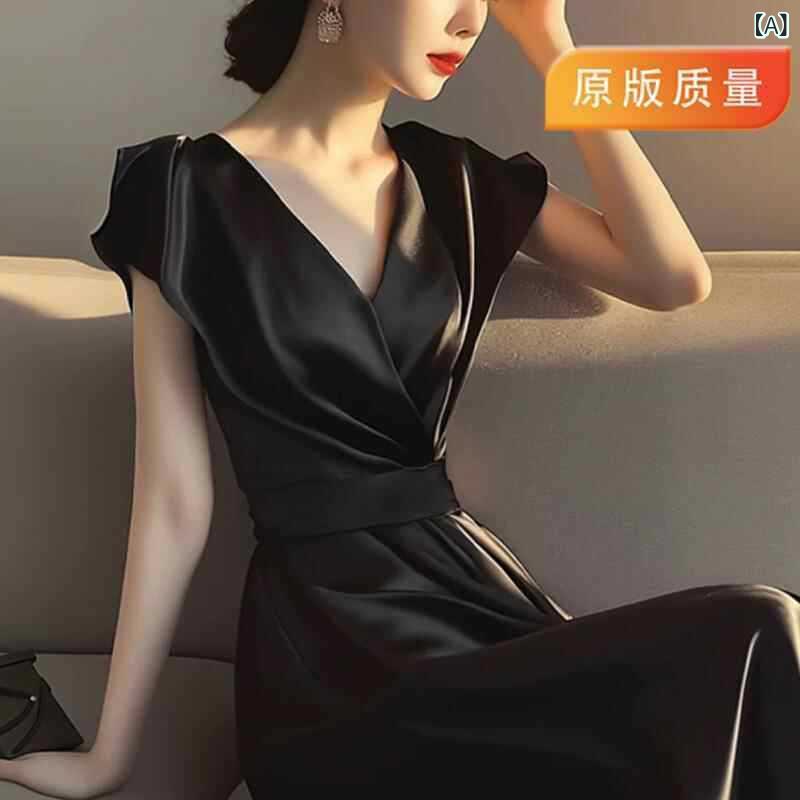 ワンピース レディース フォーマル A字スカート Vネック 半袖 切り替え 膝丈 膝下 ミモレ丈 黒 ブラッ..