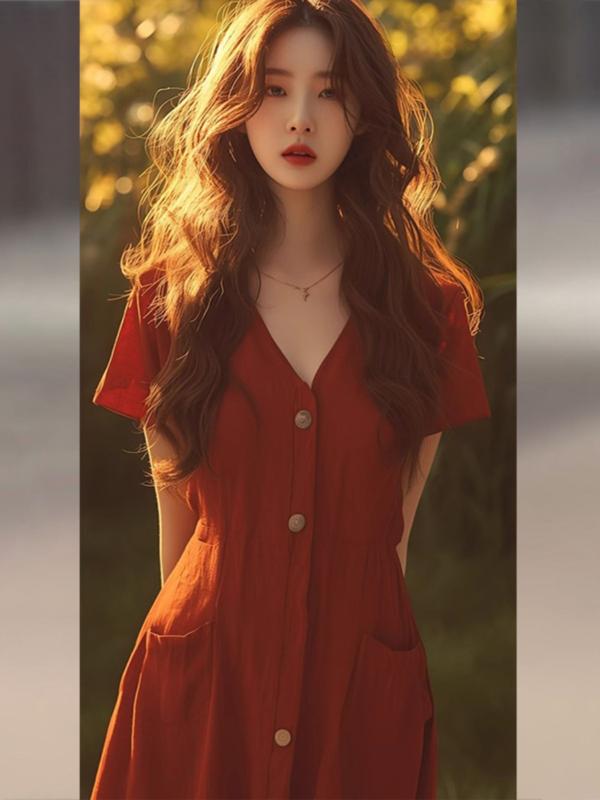 ワンピース レディース Vネック 赤色 半袖 膝下丈 綿 70% かわいい きれいめ 通勤 お呼ばれ 結婚式 二..