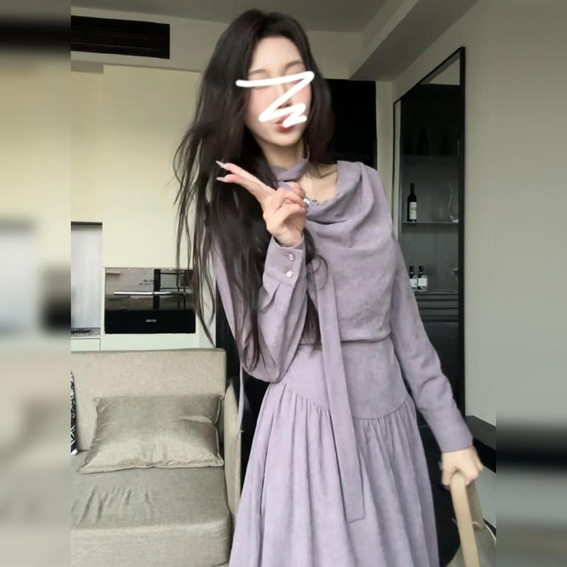 ワンピース レディース 春秋 韓国風 Aライン 紫 長袖 チャイナドレス 高腰 清楚 上品 きれいめ お呼ばれ パーティー