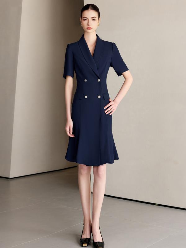 ワンピース レディース 膝丈 半袖 魚尾スカート タイト 無地 ポリエステル 仕事着 通勤 フォーマル 紺色 接触冷感 吸湿速乾
