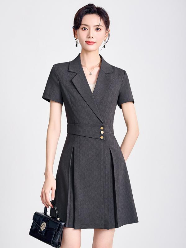 ワンピース レディース 半袖 Aライン 膝丈 無地 スーツ襟 杏色 グレー 紺色 黒 高身長 小柄 細見え スタイルアップ 通勤 オフィス ビジネス フォーマル TR素材 ポリエステル