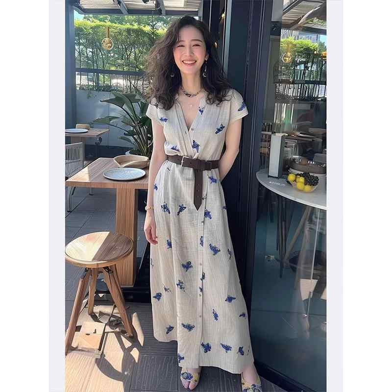 ワンピース レディース フォーマル きれいめ Aライン 高見え ミディアム丈 半袖 ラウンドネック プリント柄 ゆったり 普段使い 通勤 オフィス 20代 30代 40代