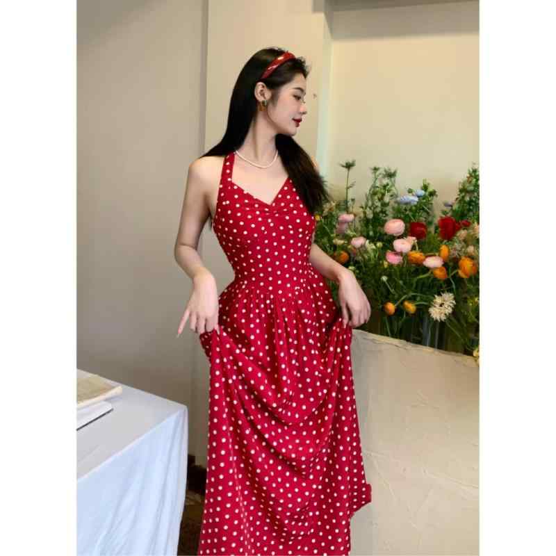 ワンピース レディース 春夏 Vネック ドット柄 水玉模様 レトロ Aライン 膝下丈 ミモレ丈 高腰 ノースリーブ 接触冷感 リゾート 海 旅行 中国風